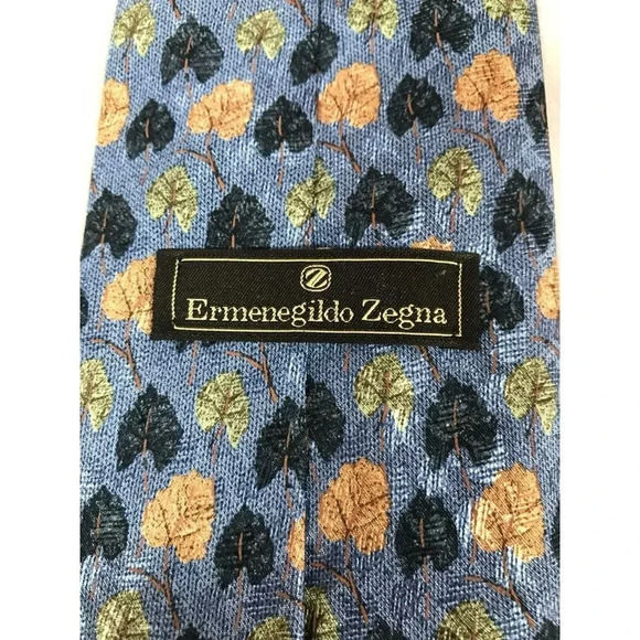 Ermenegildo Zegna Green Brown Tree Bush Leaves Blue 100% Silk Classic Neck Tie - Picture 3 of 7